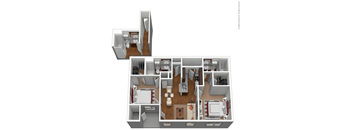 A 3D floor plan of a house with labeled rooms.