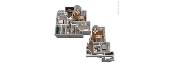 A 3D floor plan of a multi-level residential building.
