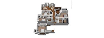 A 3D floor plan of a multi-level home with various rooms and furnishings.