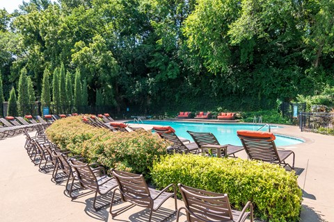 Swimming pool surrounded by landscaping and lounge seating at The Falls Apartments, Kansas, 66202