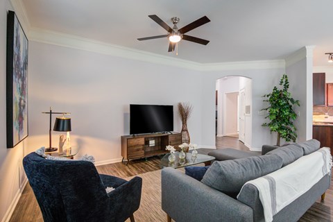 A living room with a grey couch, a blue chair, a television, and a ceiling fan.