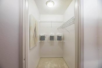 A white walk in closet with carpet