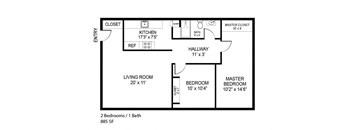 B1- 1 Bedroom 1 Bath 880 Sq. Ft. Floor Plan at Dickinson, Springfield, IL