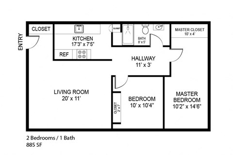B1- 1 Bedroom 1 Bath 880 Sq. Ft. Floor Plan at 3TEN, Springfield, IL