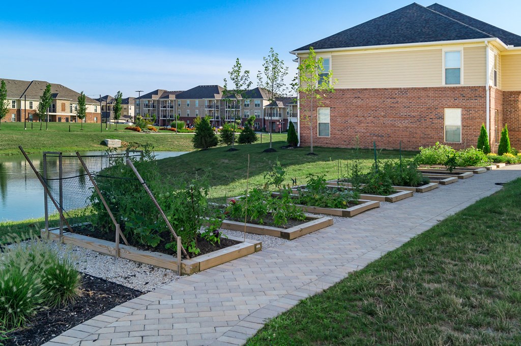 raised garden beds next to building at The Greyson, Ohio