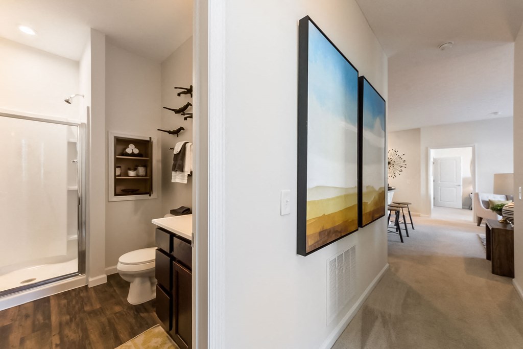 view of bathroom and hallway in apartment at Overland Park, Pickerington, OH, 43147