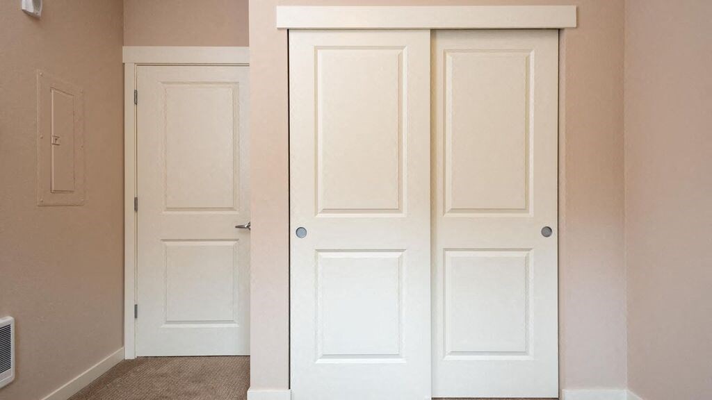 a closet with two white doors and a door to a hallway