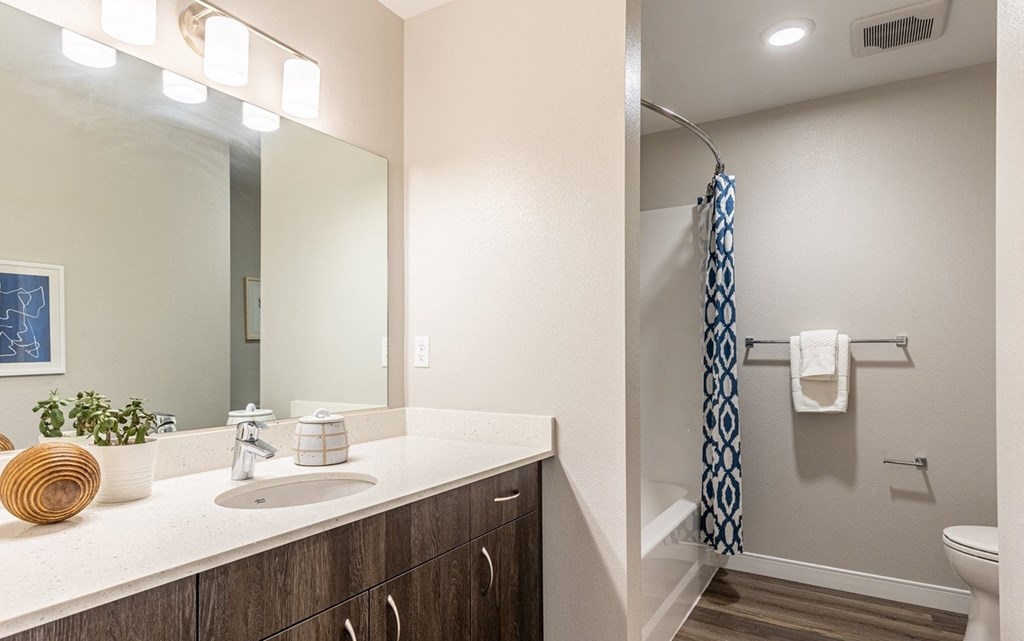 134th street lofts bathroom with a large mirror, sink, toilet and full tub shower