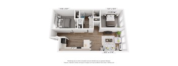 a stylized floor plan with a bedroom and a living room