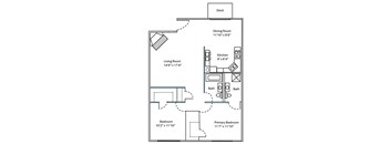 A floor plan of a house with a deck, dining room, living room, kitchen, two bathrooms and two bedrooms.