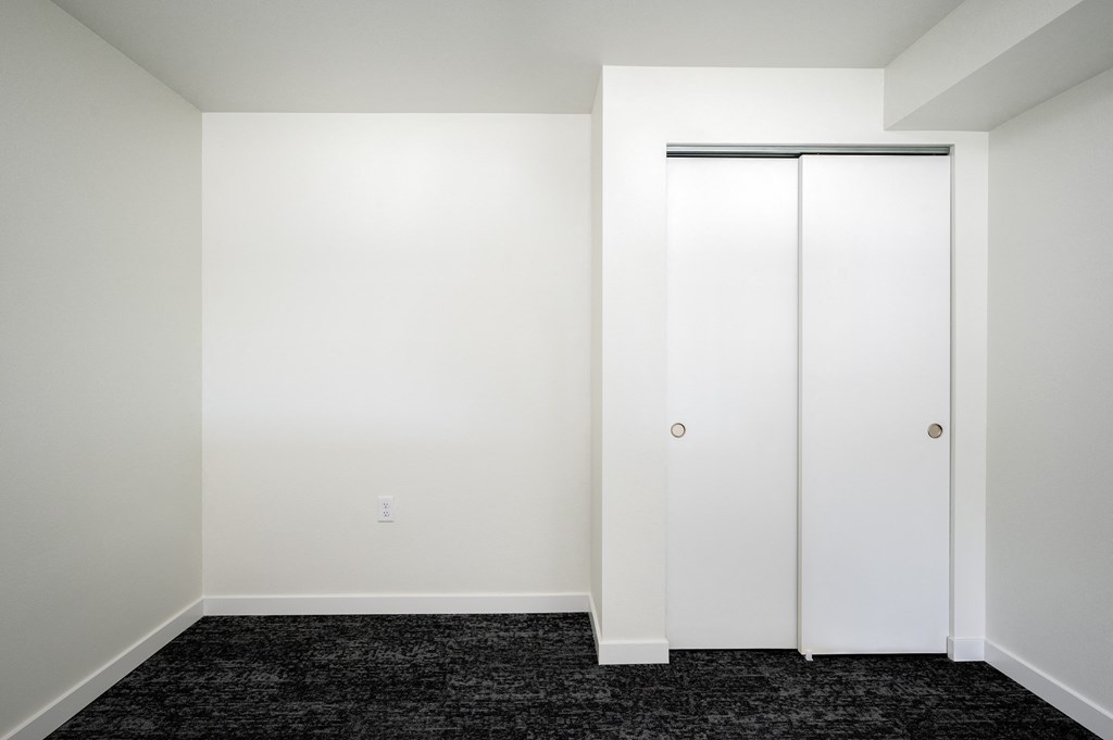 a room with black carpet and white walls and a closet