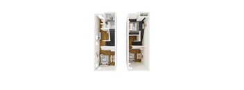 two views of a house with a wood floor and