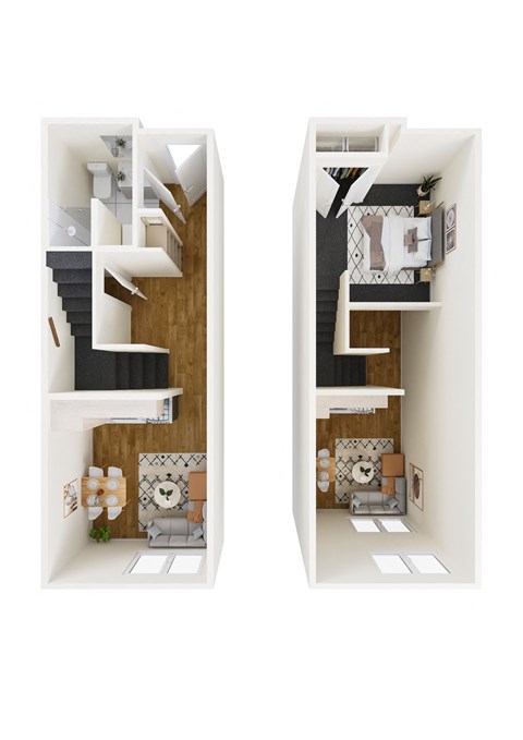 a model of a house with a staircase and a living room