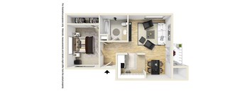 A floor plan of a small apartment with a kitchen, living room, and bathroom.