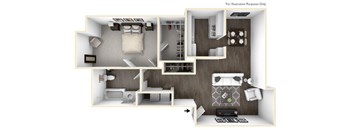 A 3D illustration of a room layout with a kitchen, living room, and bedroom.