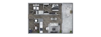 A top-down view of a house layout with a kitchen, living room, and two bedrooms.