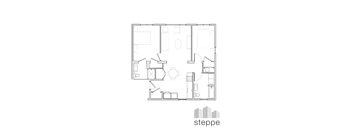 A black and white image of a floor plan with the word "steppe" at the bottom.