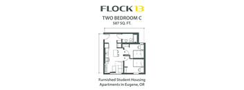 A floor plan for a two bedroom apartment sized at 587 square feet.