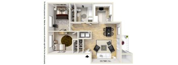 A 3D floor plan of a house showing a kitchen, living room, and two bedrooms.