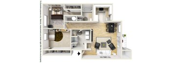 A floor plan of a home interior with a kitchen, living room, and two bedrooms.
