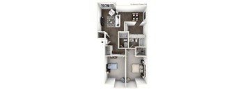 A 3D floor plan of a small apartment with a kitchen, living room, and bedroom.
