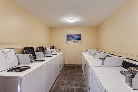 A laundromat with washers and dryers lined up.