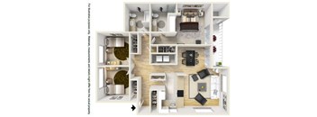 A 3D floor plan of a house showing the layout of the rooms.