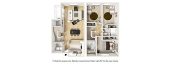 A floor plan of a two-story apartment with a living room, kitchen, and bathroom on each level.