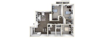 A 3D illustration of a house layout with a kitchen, living room, and bathroom.