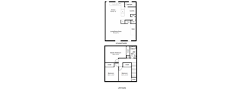 A floor plan of a two-story house with a living room, kitchen, and two bedrooms on the first floor and a master bedroom on the second floor.