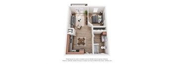 a stylized floor plan with a bedroom and a living room