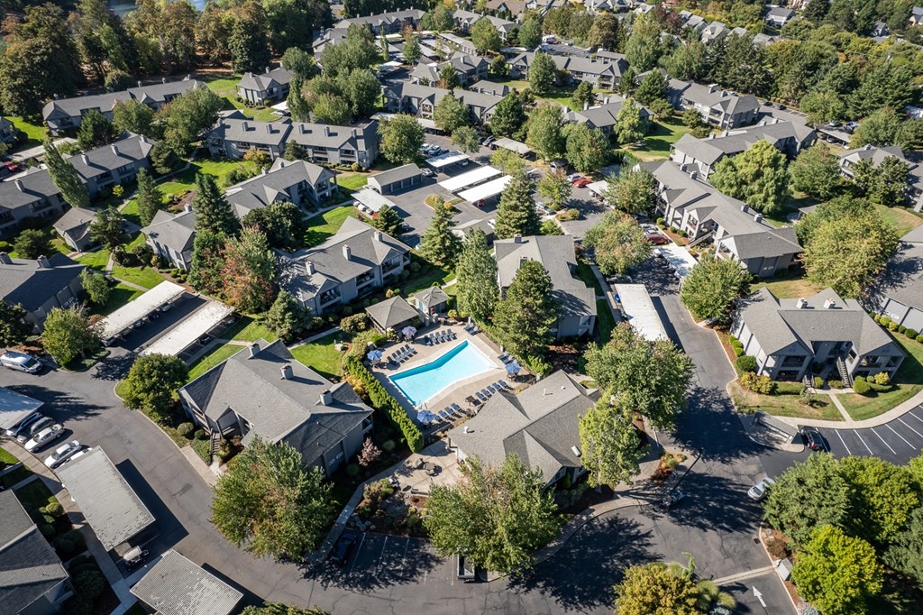 an aerial view of a neighborhood with houses and a swimming pool