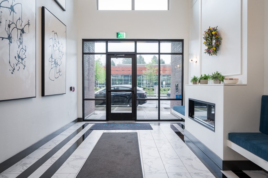 a view of the entrance to the building from the lobby