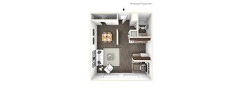 A 3D floor plan of a small apartment with a kitchen, living room, and bedroom.