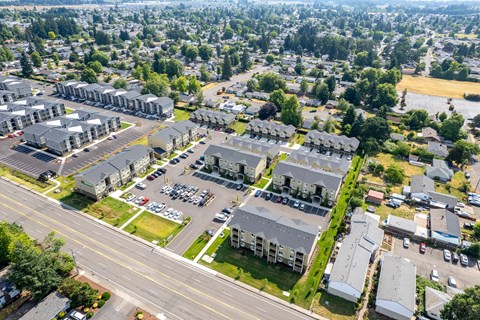 A bird's eye view of a residential area with multiple houses and parked cars.