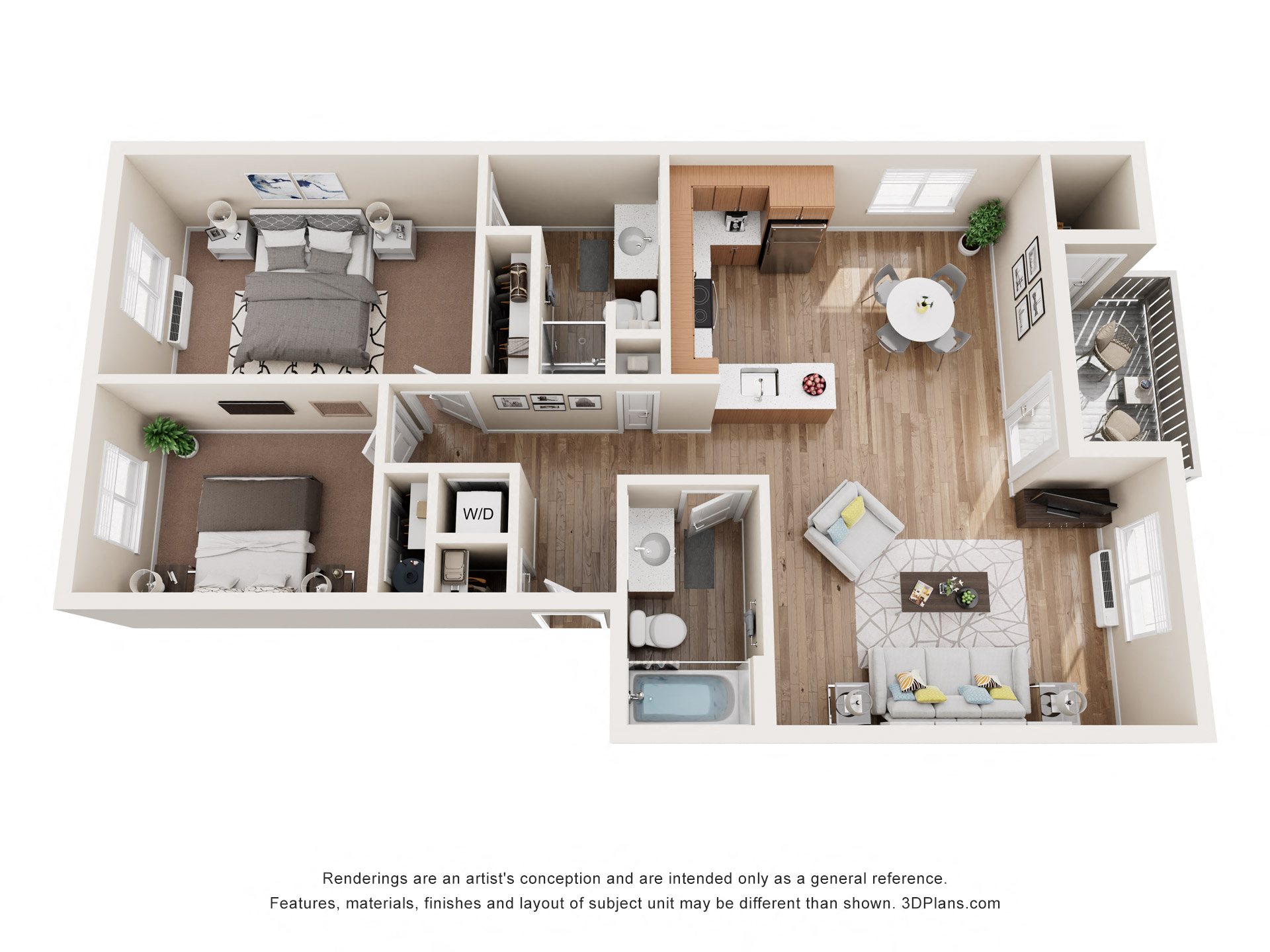 a stylized floor plan with a bedroom and a living room