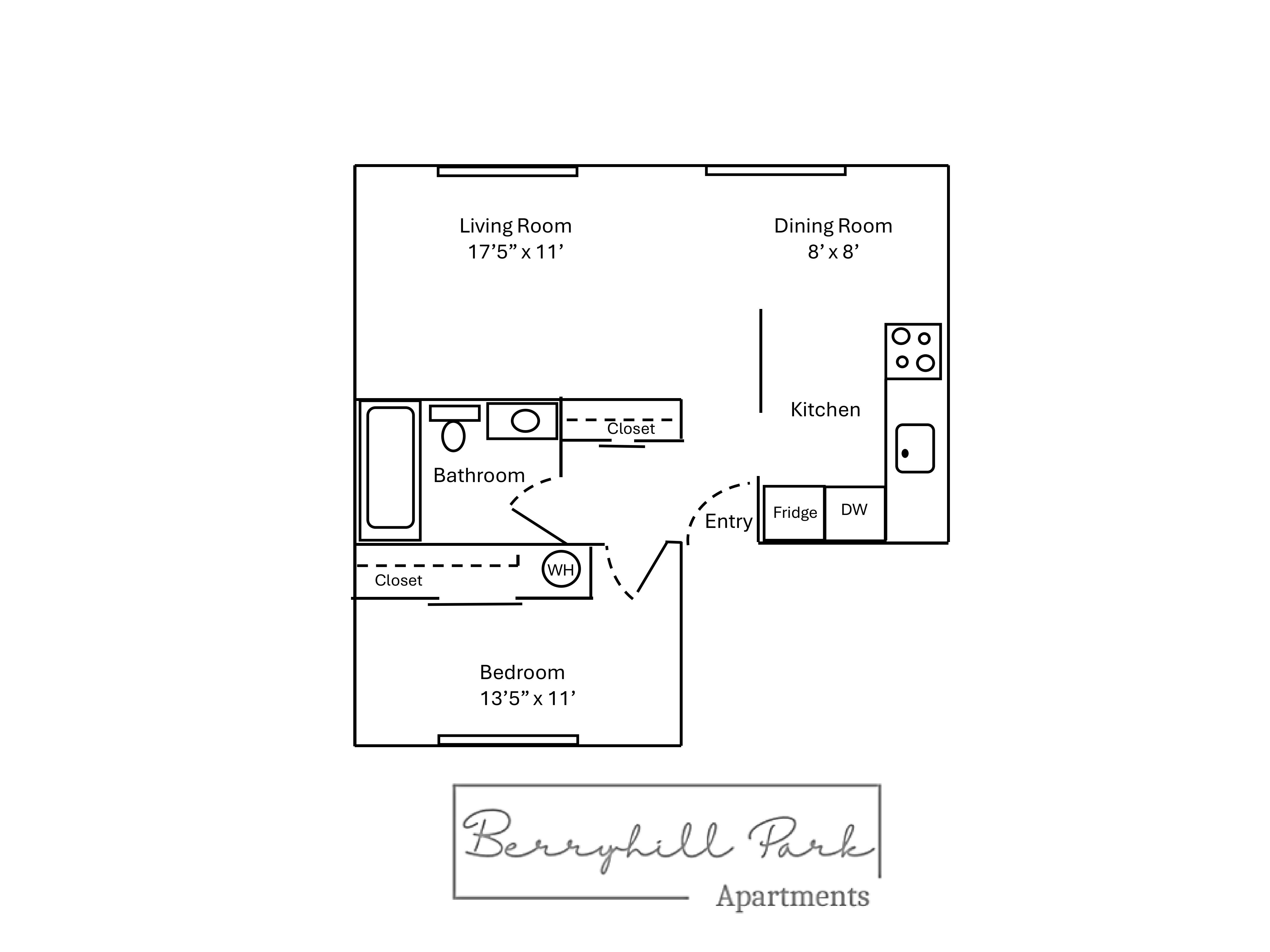 A floor plan for Berryhill Park Apartments shows a living room, dining room, kitchen, bathroom, entry way, fridge, and bedroom.