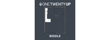 A floor plan of a biddle with a kitchen and a bathroom.