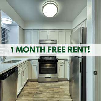 a kitchen with a stove and a refrigerator and the words 1 month free rent