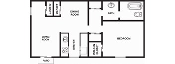 a floor plan of a room with a dinning room and a bathroom