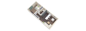 A top down view of a house layout with a living room, dining room, kitchen, and bathrooms.