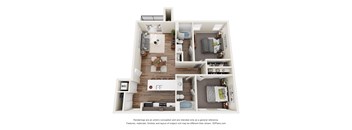A 3D floor plan of a small apartment with a kitchen, living room, and bedrooms.