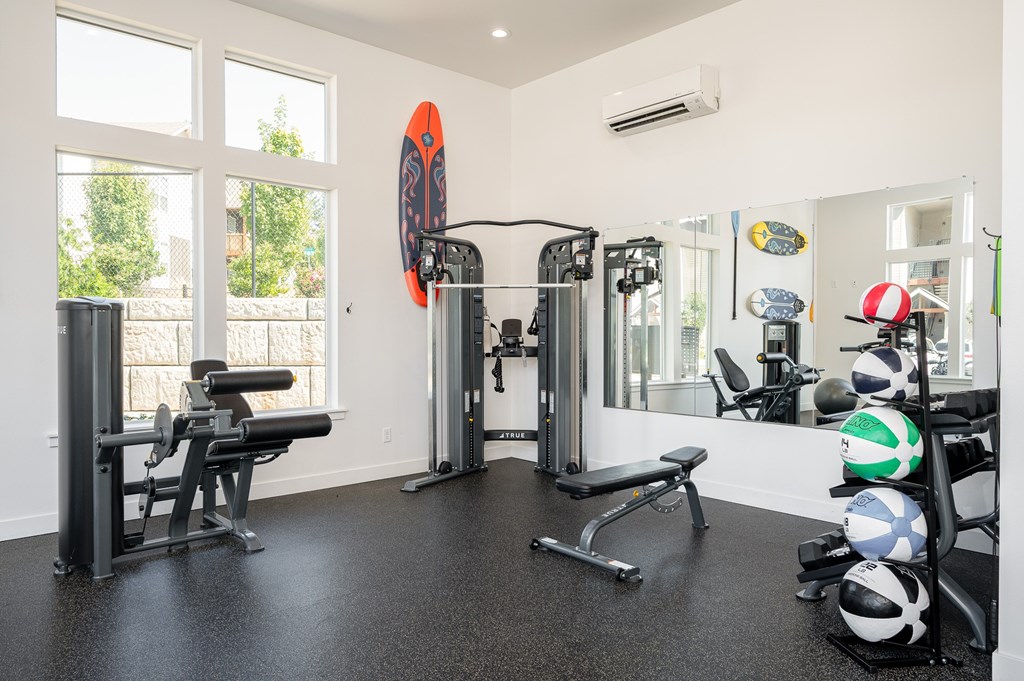 A gym with a variety of equipment including weights and a bench.