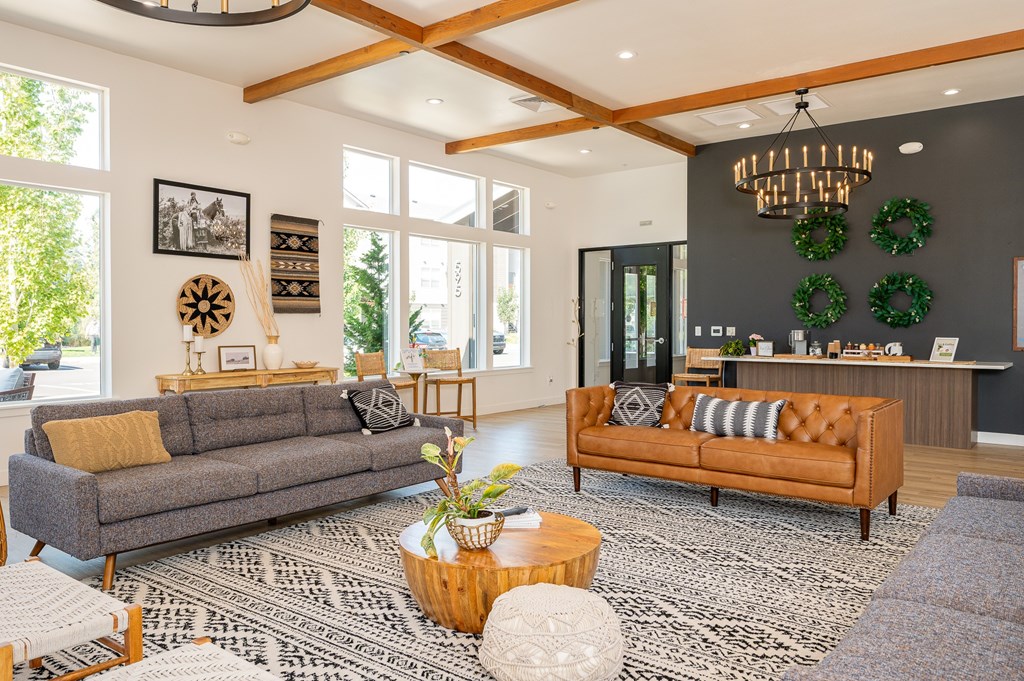 A living room with a grey couch and a brown couch.
