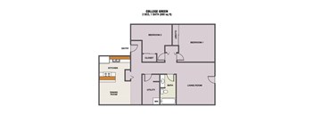 A floor plan of a 2 bedroom, 1 bathroom apartment.