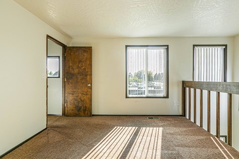 A room with a brown carpet and a wooden door.