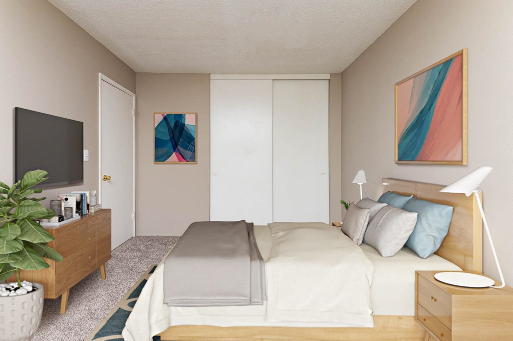 a bedroom with a bed and a tv