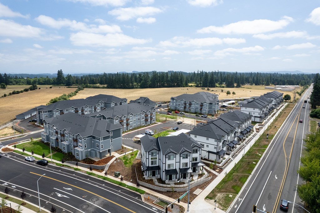 A row of houses are built on a street with a grassy field in the background.