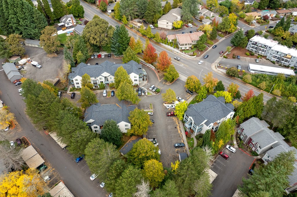 an aerial view of a neighborhood with houses and trees