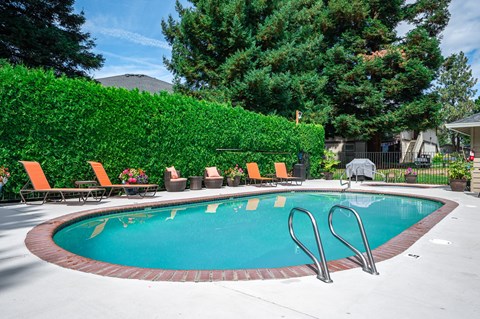 A pool surrounded by orange chairs and green hedges.